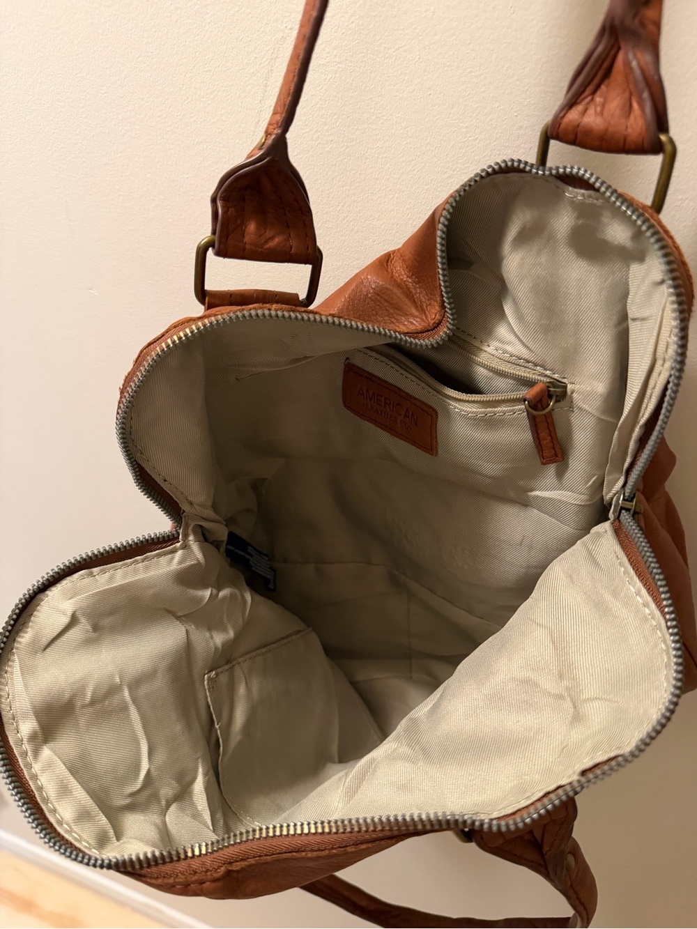 American Leather Co Cognac Genuine Leather Satchel Shoulder Bag Boho - Picture 3 of 11